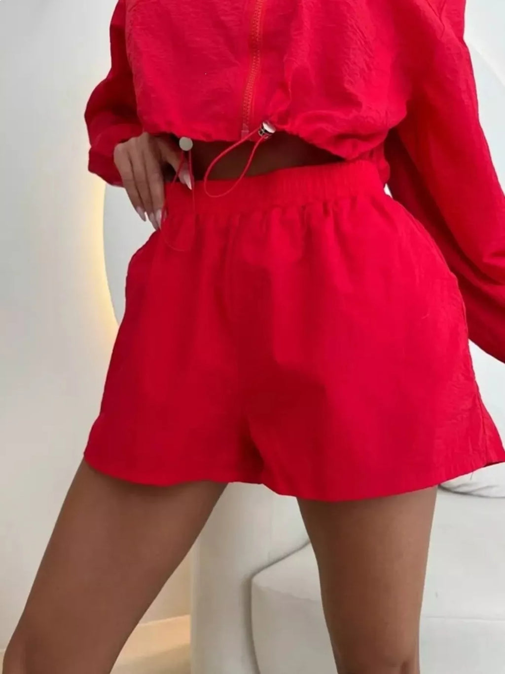 Zip-up Crop Jacket High-waisted Shorts Set (4)