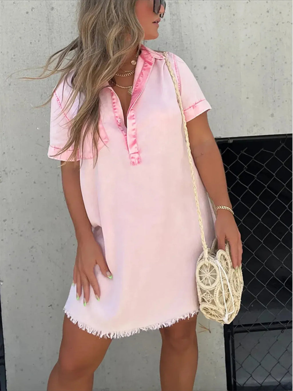 Full Size Raw Hem Short Sleeve Denim Dress Plus (3)