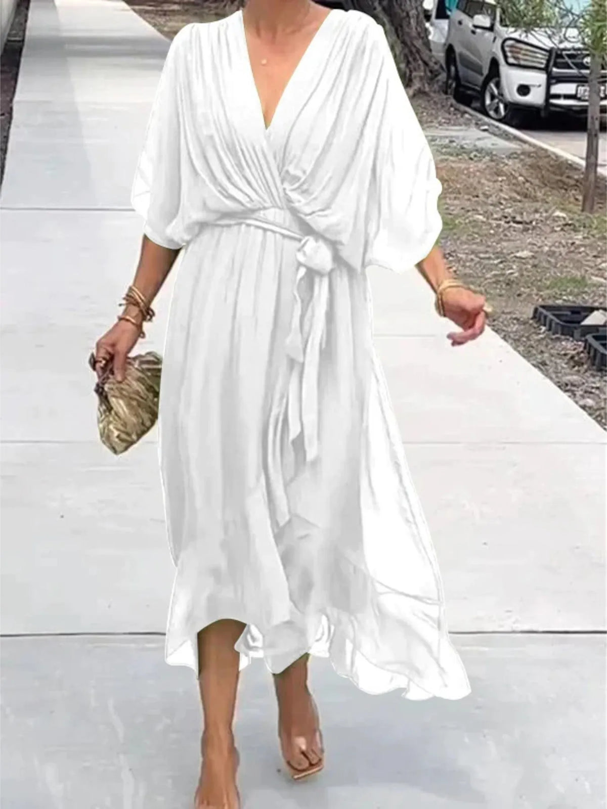 Full Size Flowy Tie Front Midi Dress Flutter Sleeves Plus (19)