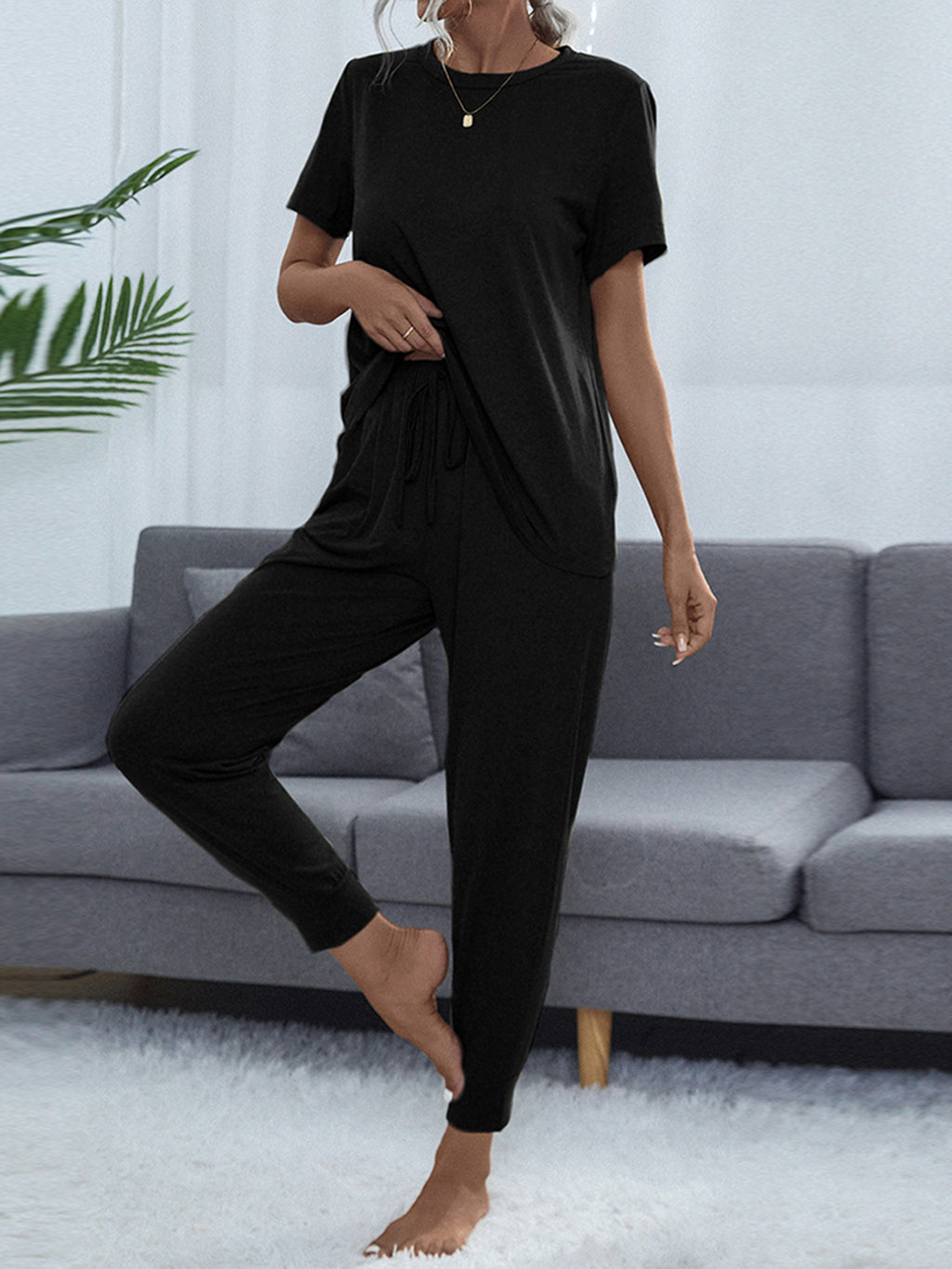 Round Neck Short Sleeve Top Pants Set