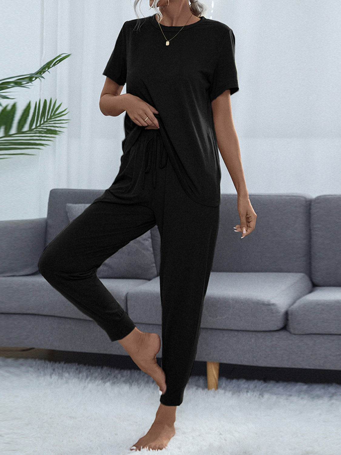 Round Neck Short Sleeve Top Pants Set