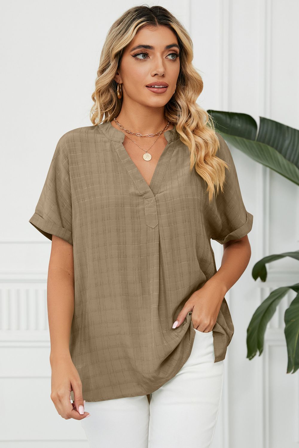 Side Slit Notched Neck Cuffed Short Sleeve Blouse (8)