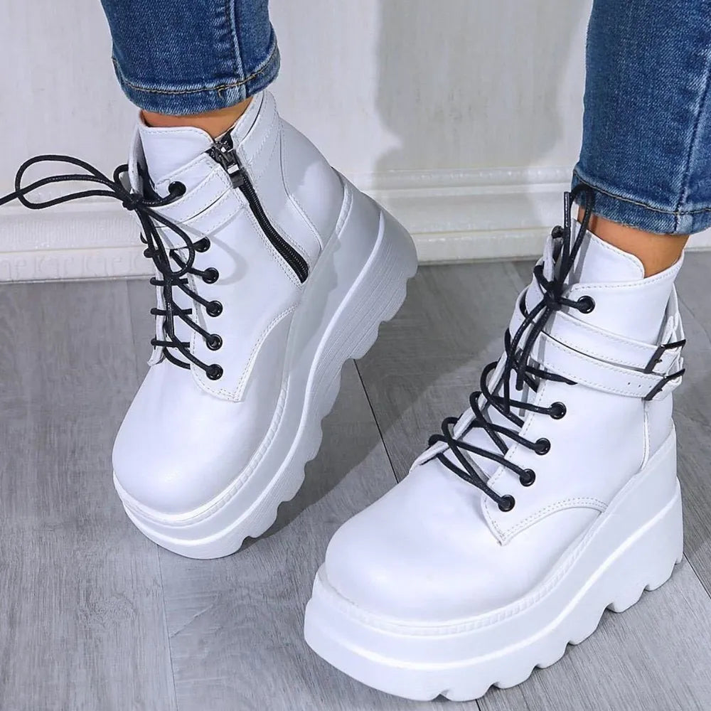 Pu Leather Lace-up Wedge Boots