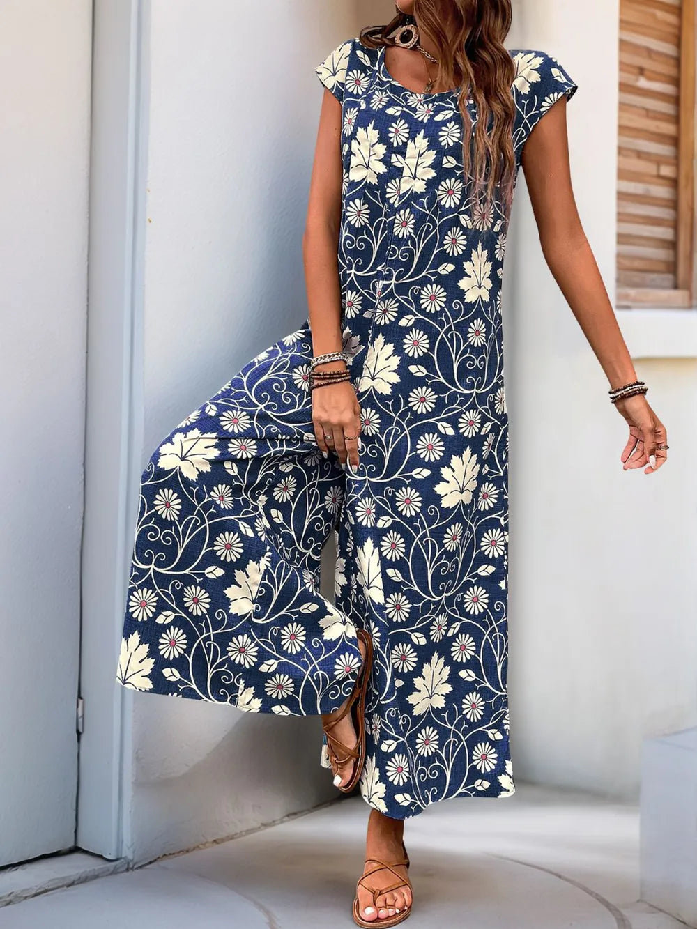 Printed Round Neck Cap Sleeve Wide Leg Jumpsuit (9)