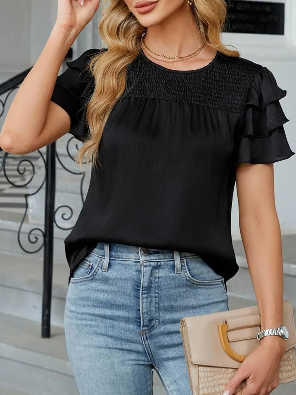 Smocked Round Neck Ruffled Layered Sleeve Blouse (19)