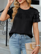 Smocked Round Neck Ruffled Layered Sleeve Blouse (19)