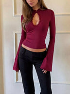 Lace-trimmed Keyhole Long Sleeve T-shirt (2)