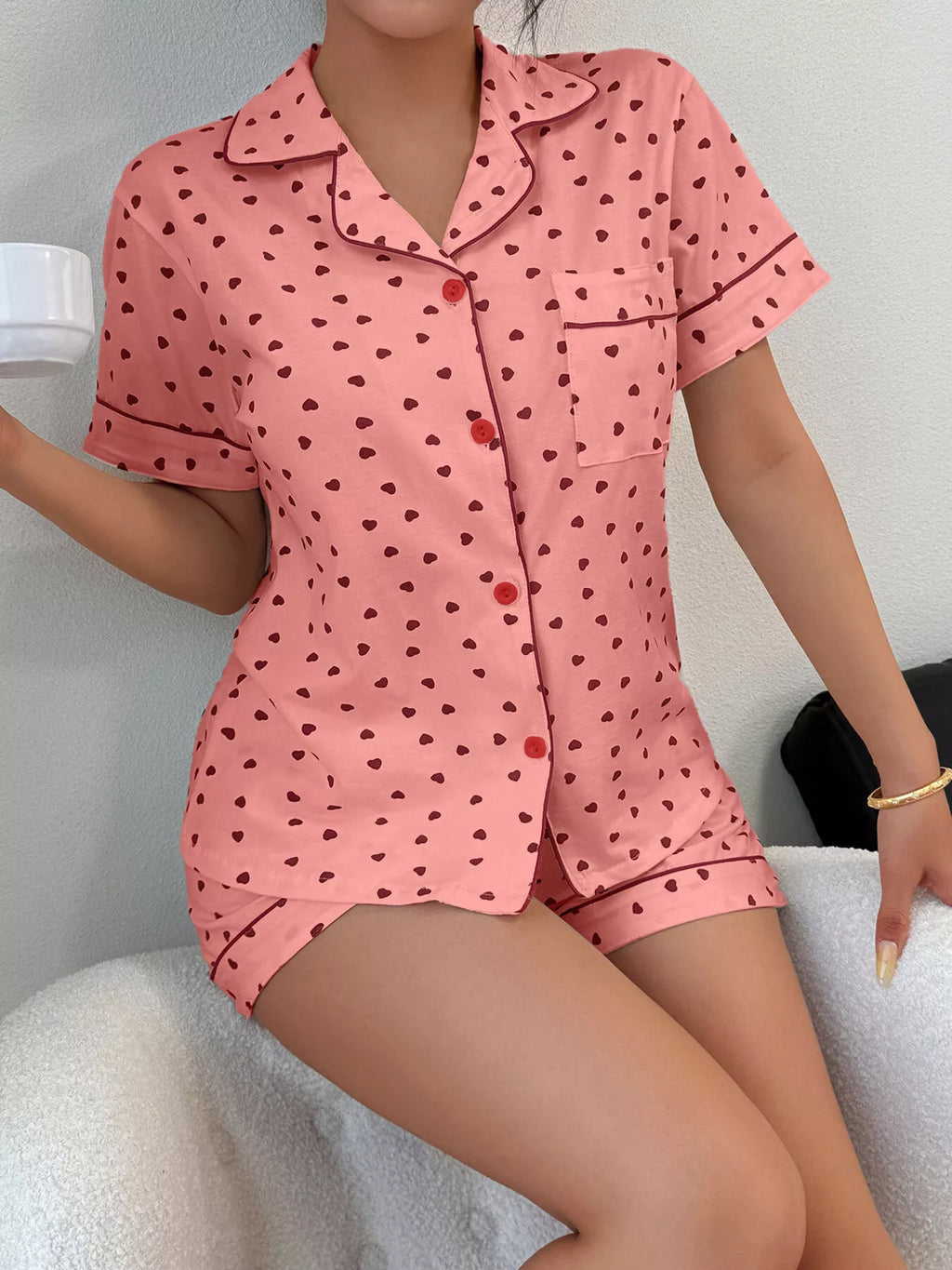 Heart Print Button-down Short Sleeve Top Shorts Lounge Set (5)