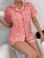 Heart Print Button-down Short Sleeve Top Shorts Lounge Set (5)