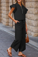 Textured Ruffled Sleeve Zipped Top Wide Leg Pants Set (23)