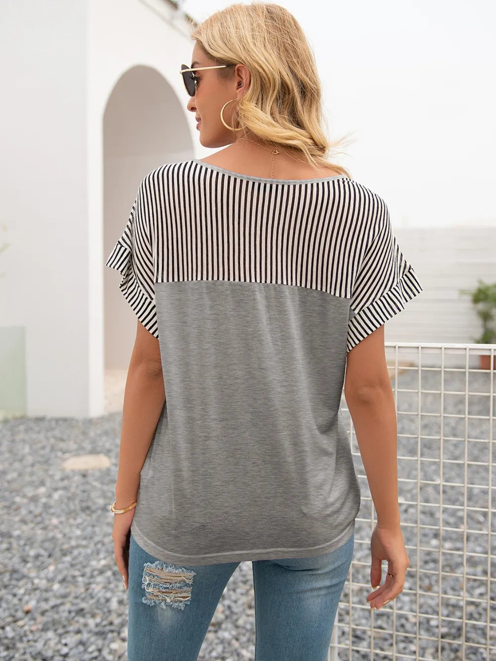 Striped V-neck Short Sleeve T-shirt (8)