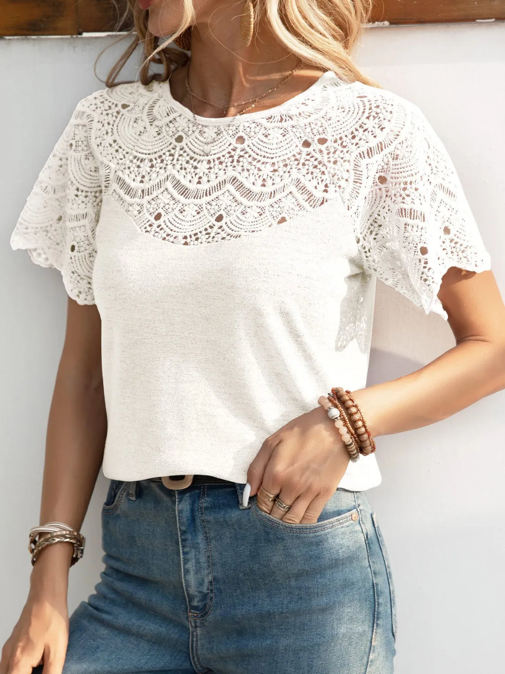Round Neck Short Sleeve Crochet Top (6)
