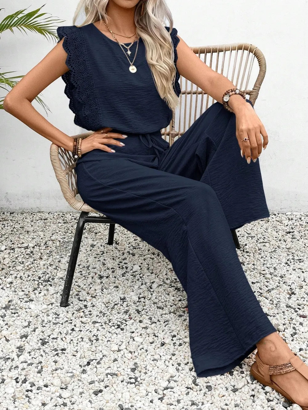 Lace Trim Round Neck Top Pants Set (33)