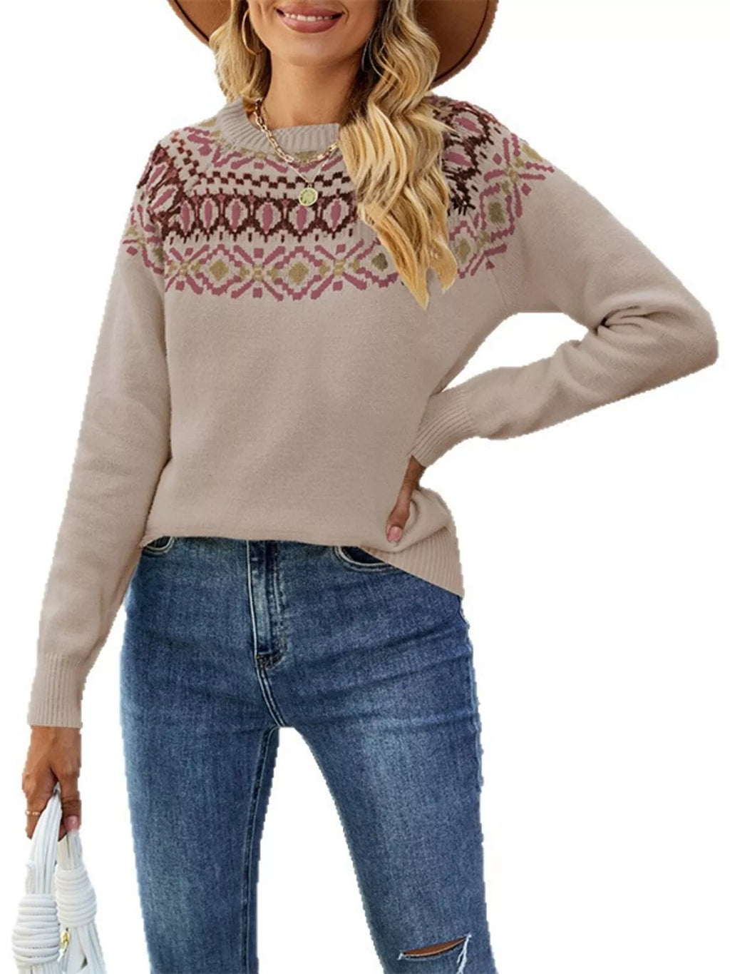 Fair Isle Pattern Crew Neck Sweater (7)