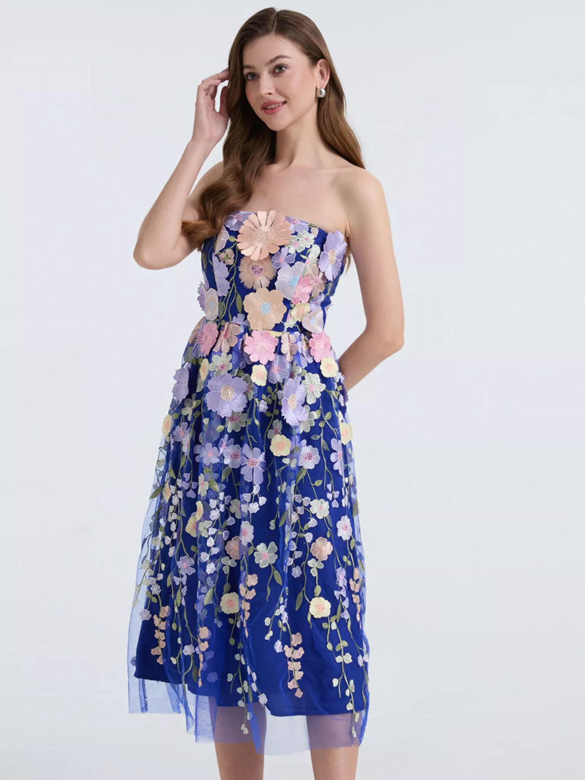 Floral Applique Strapless Midi Dress (11)