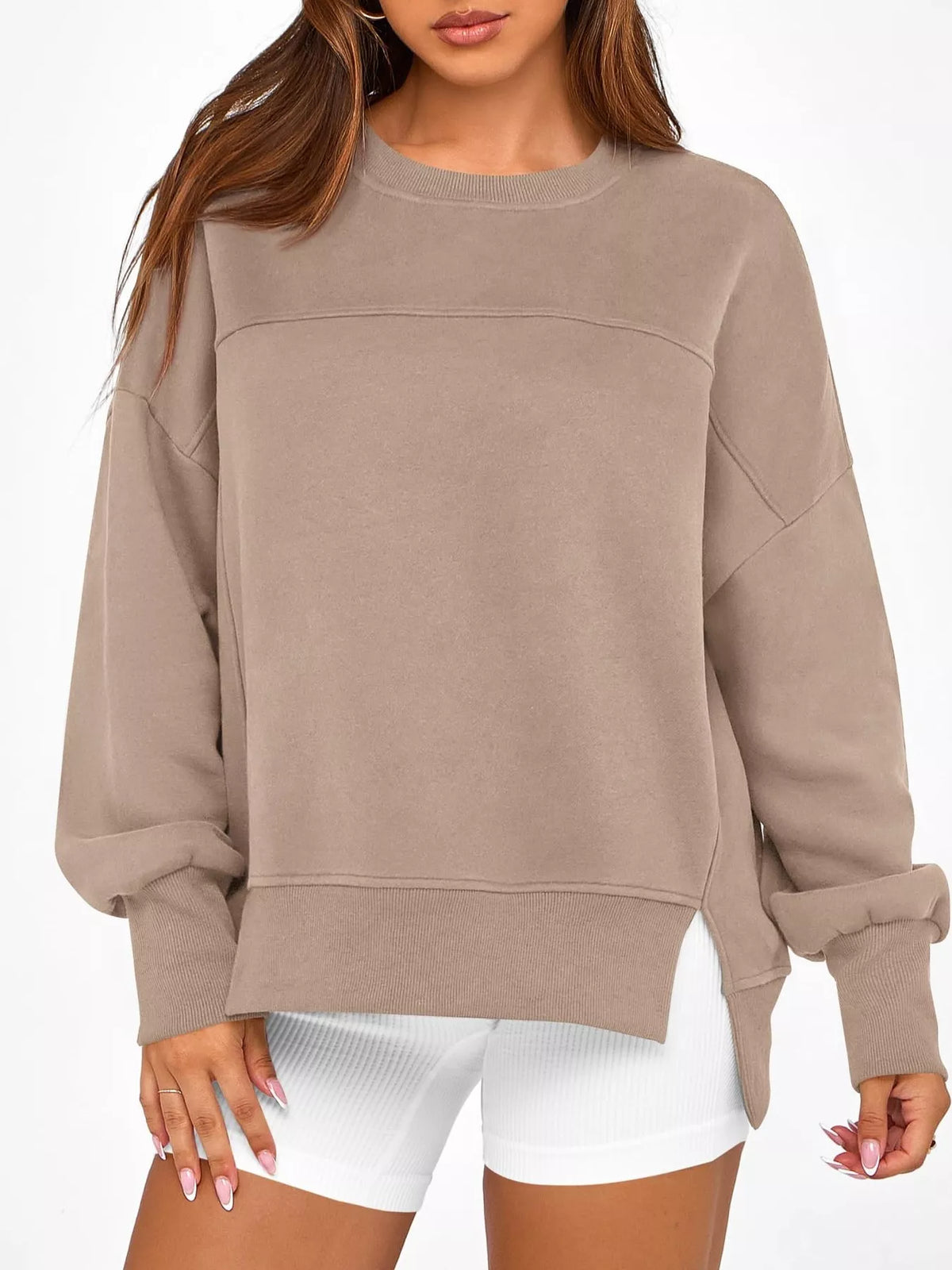 Slit Round Neck Dropped Shoulder Sweatshirt (22)