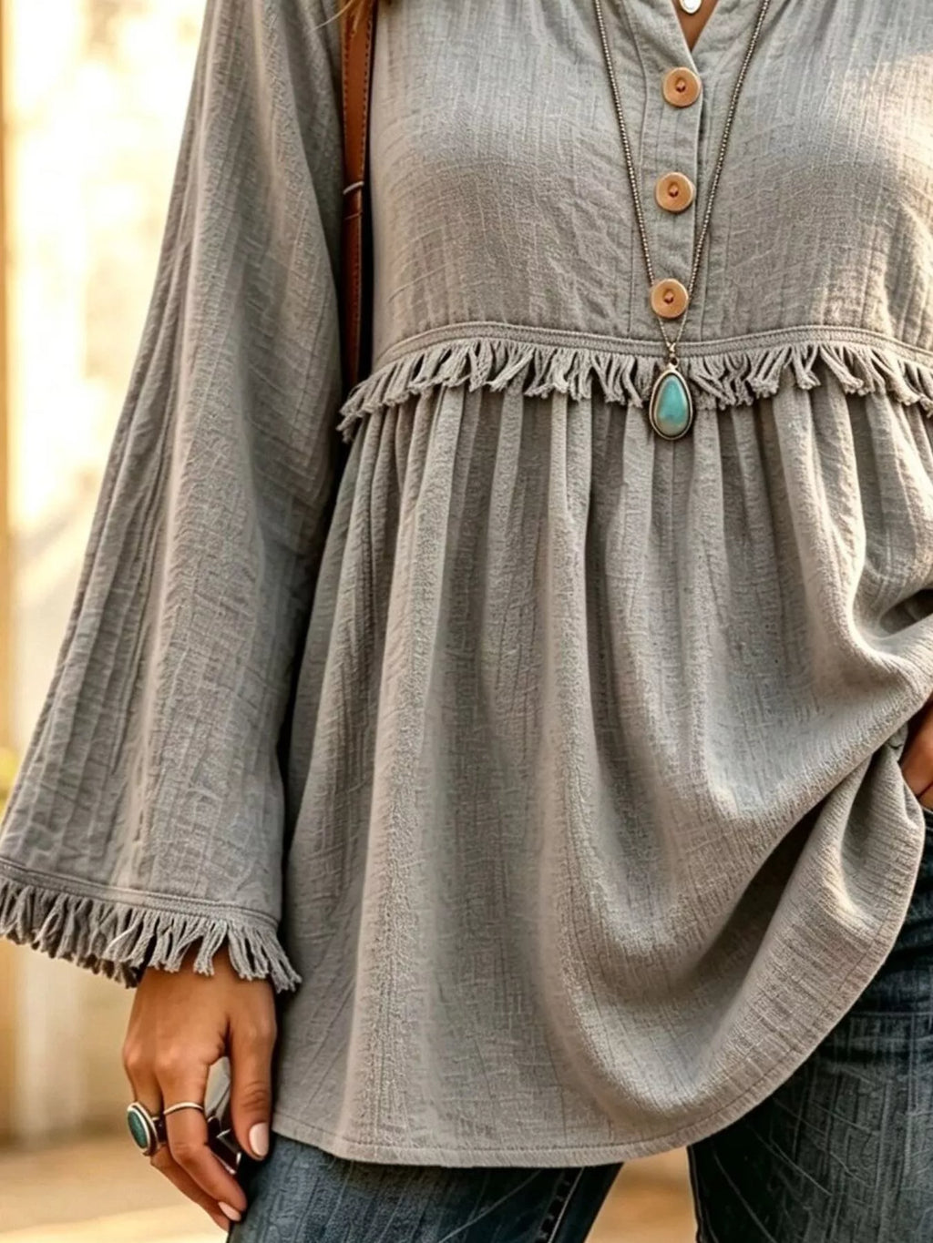 Button-down Detail Fringed Hem Blouse (9)