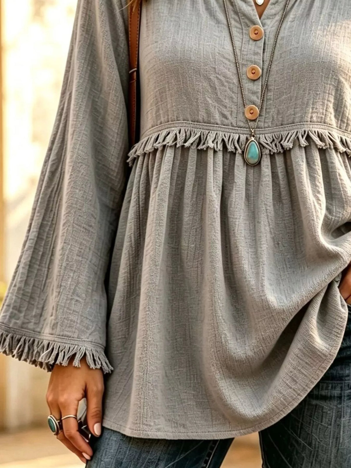 Button-down Detail Fringed Hem Blouse (9)