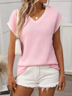 Contrast Trim V-neck Short Sleeve Knit Top (9)