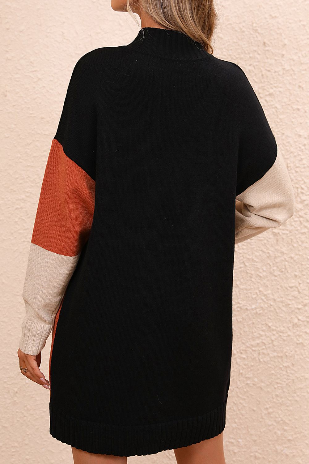Block Mock Neck Dropped Shoulder Sweater Dress (2)