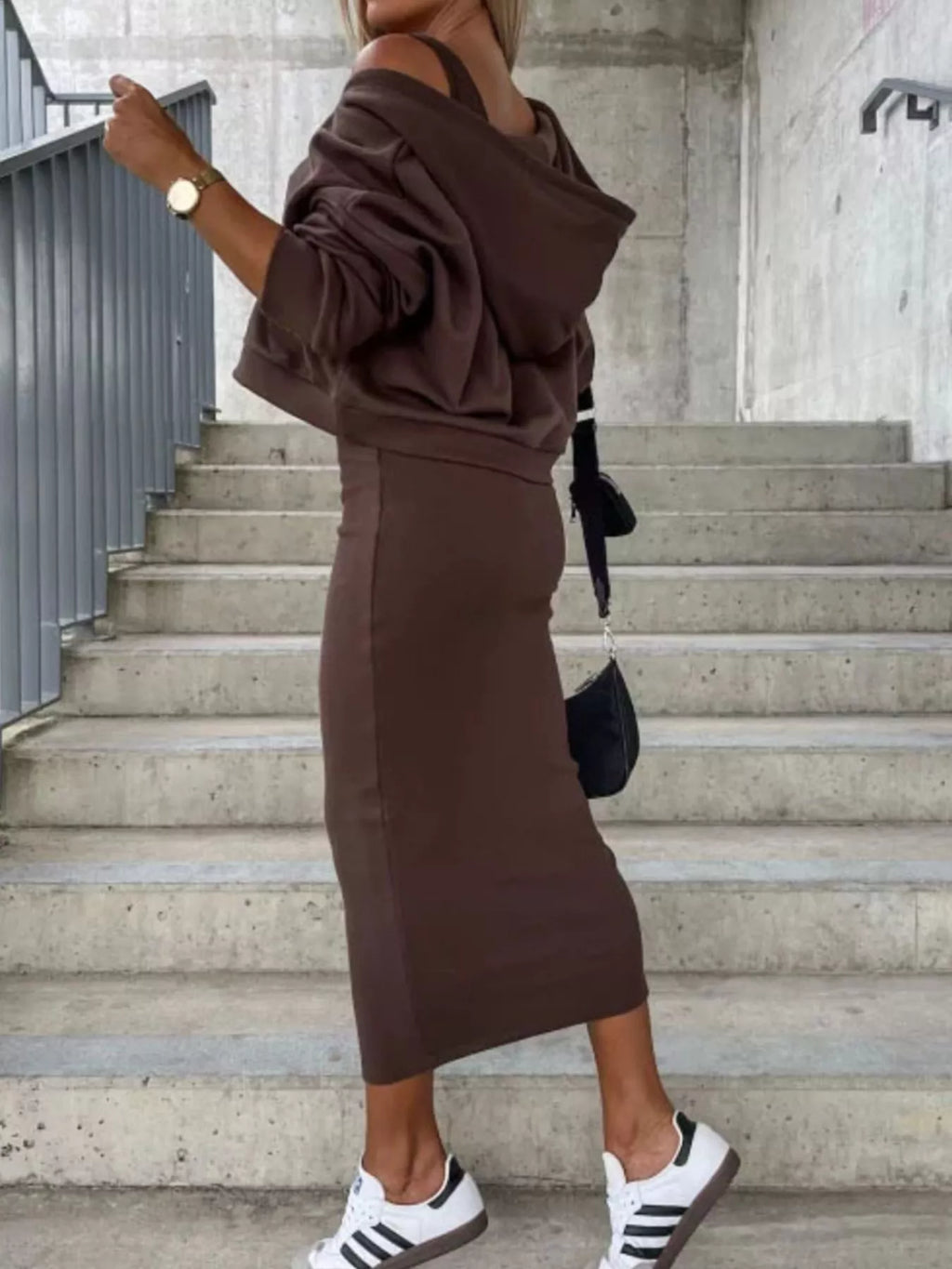 Solid Color Tank Dress V-neck Hoodie Set (5)