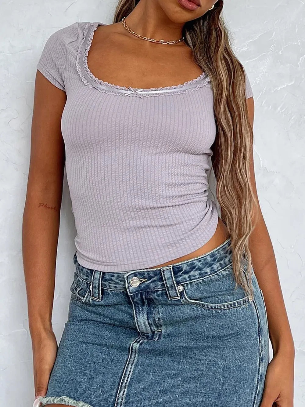 Lace Detail Scoop Neck Short Sleeve T-shirt (14)