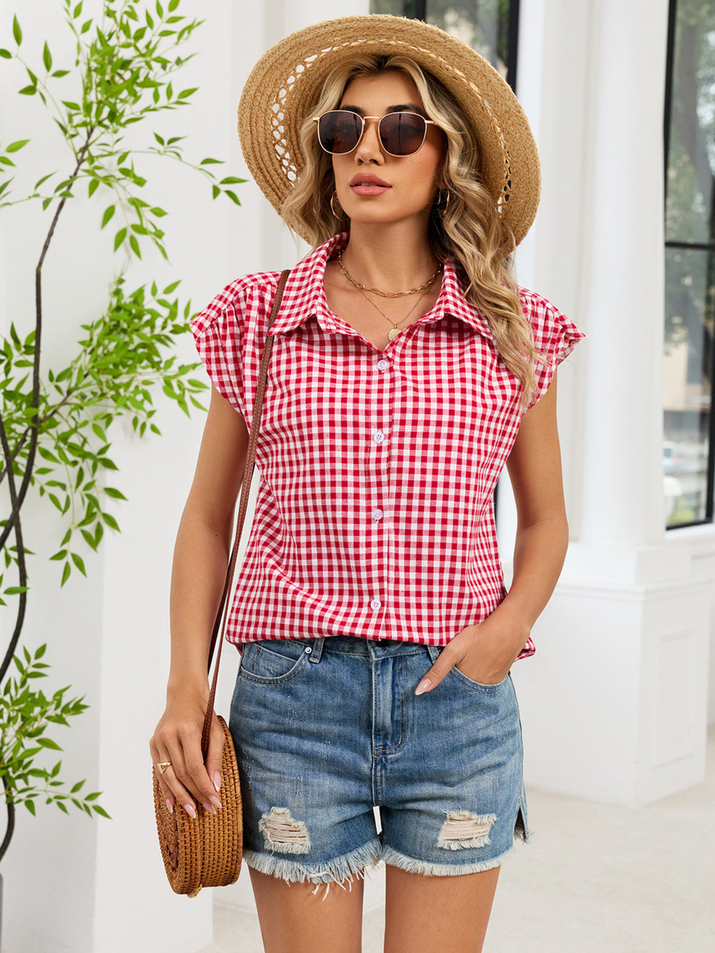 Plaid Button Up Cap Sleeve Shirt (3)