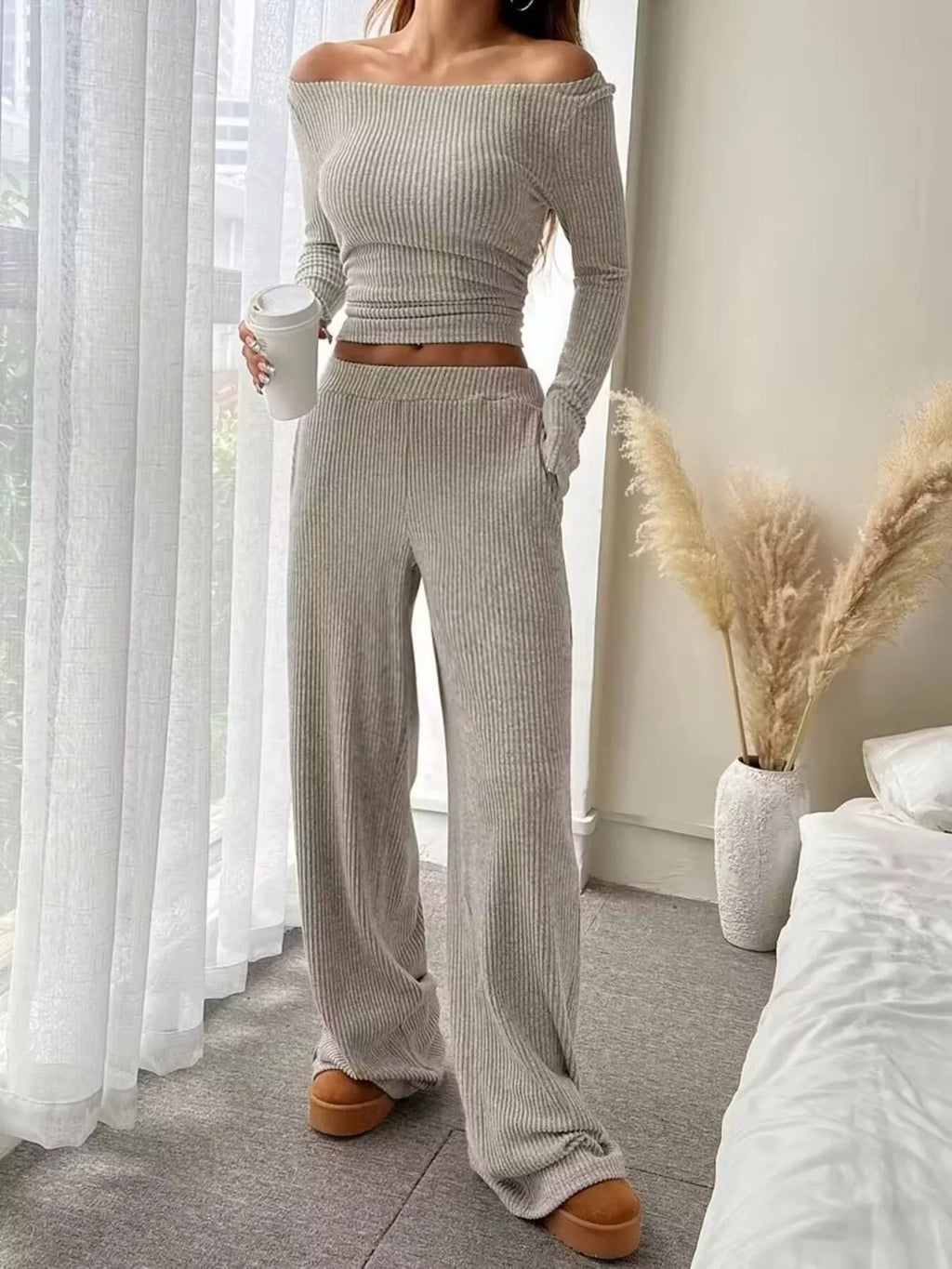 Ribbed Knit Boat Neck Top Pants Set (4)