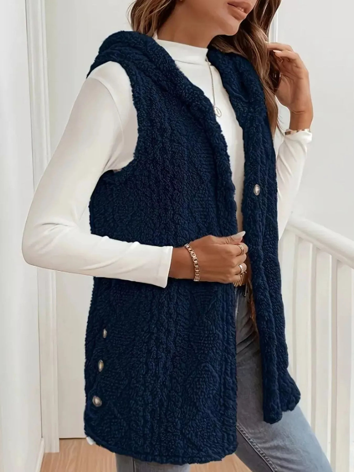 Hooded Button-up Sherpa Vest Coat (9)