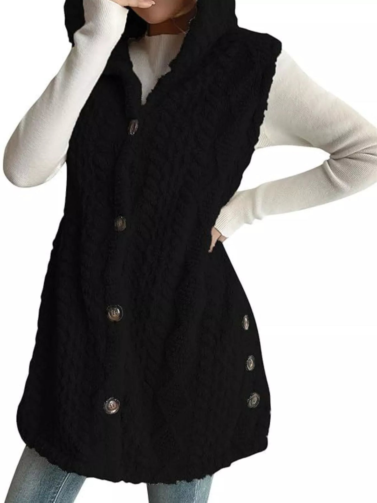 Button-down Sherpa Hooded Vest Coat (13)
