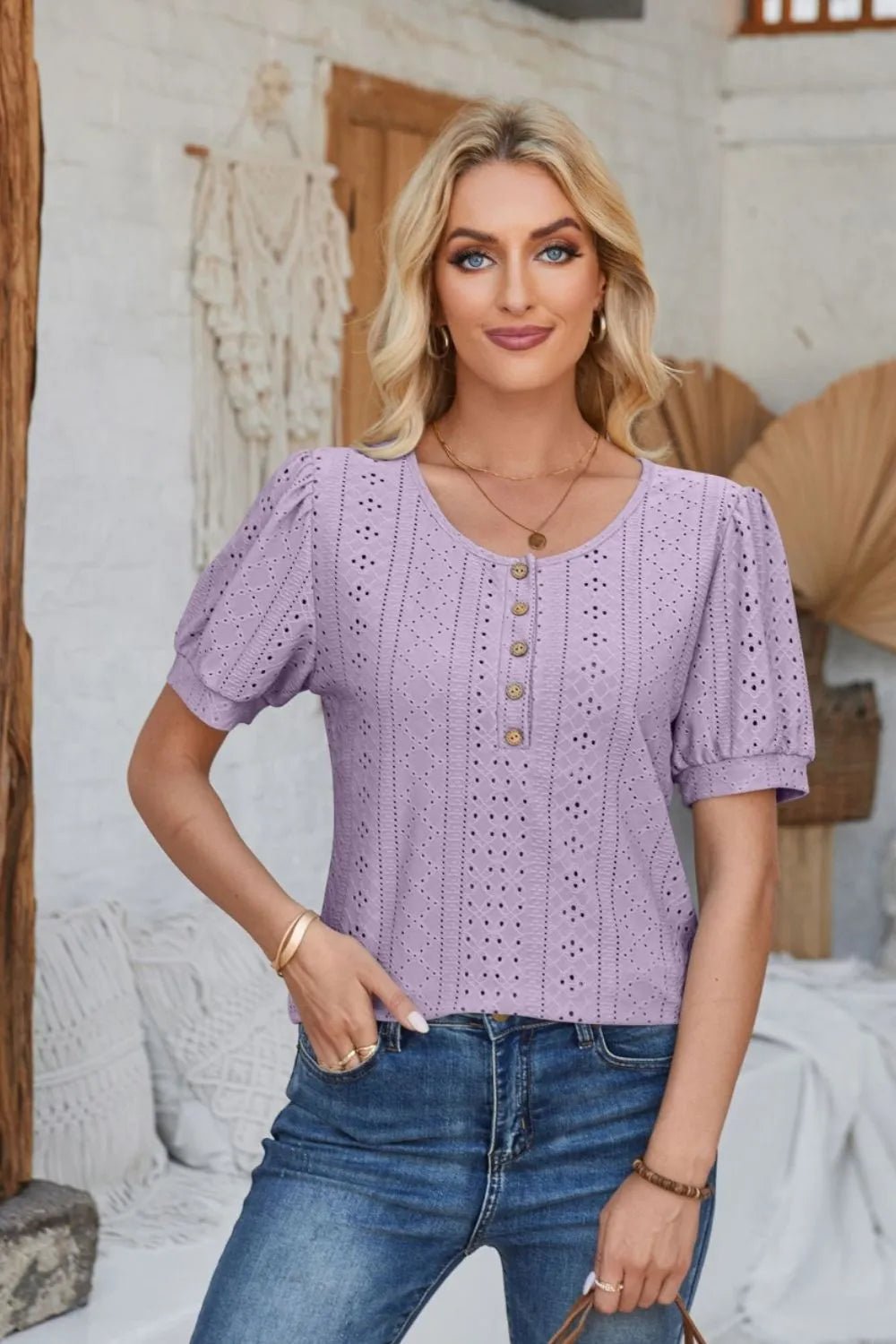 Eyelet Round Neck Short Sleeve Blouse (28)