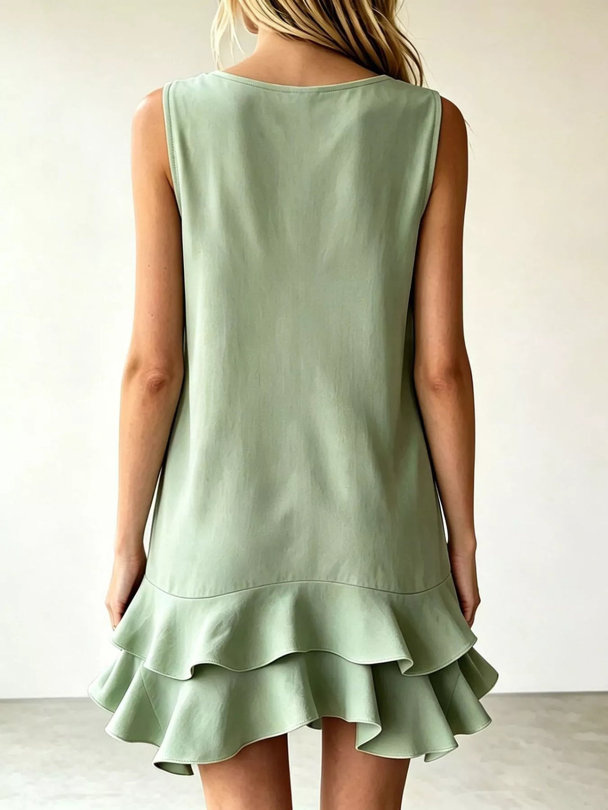 Full Size Sleeveless V-neck Tiered Ruffle Mini Dress Plus (10)