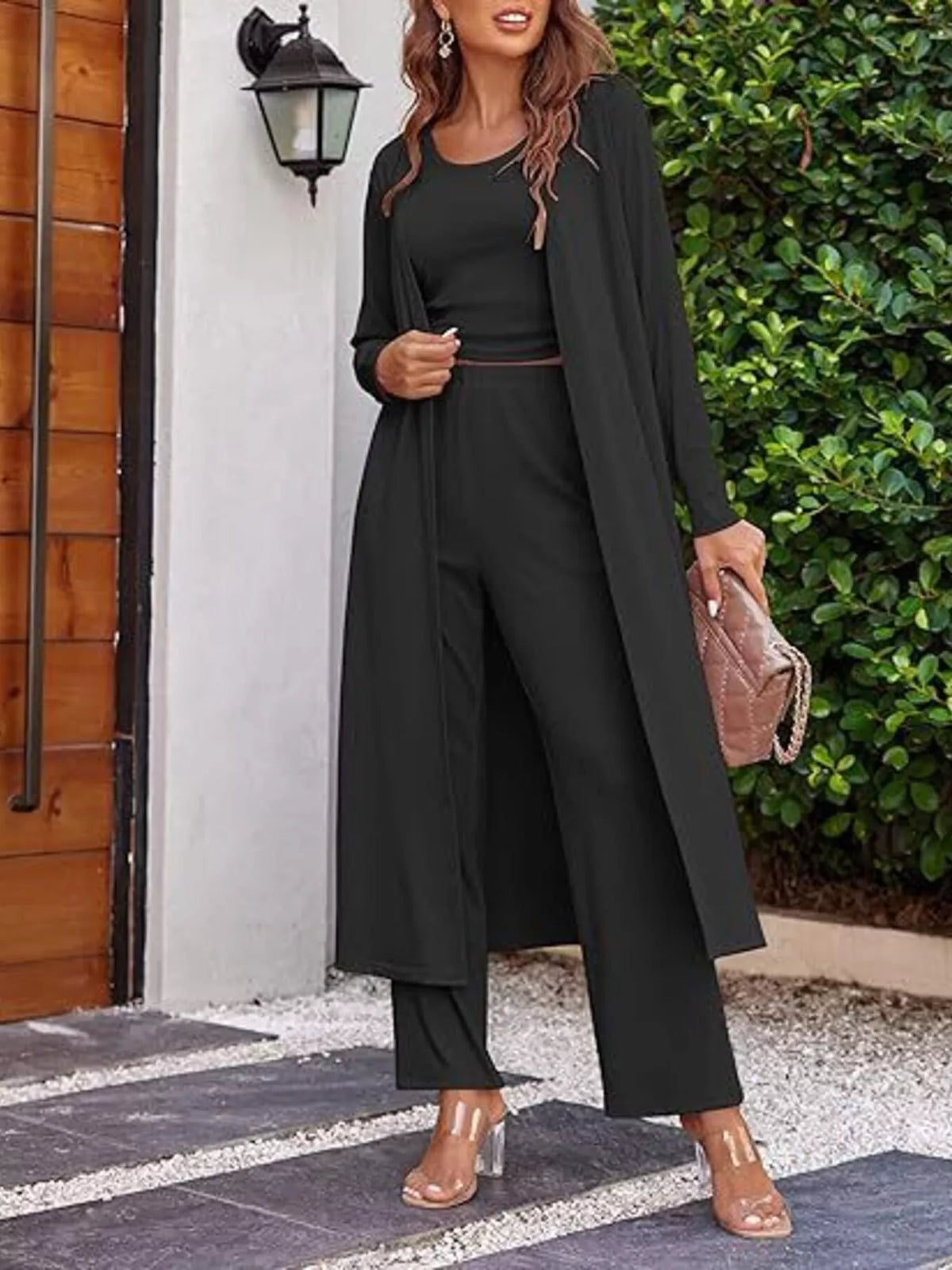 Round Neck Tank Cardigan Pants Set (3)