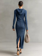 Hooded Knit Maxi Dress Button-up Placket Chest Pockets (4)