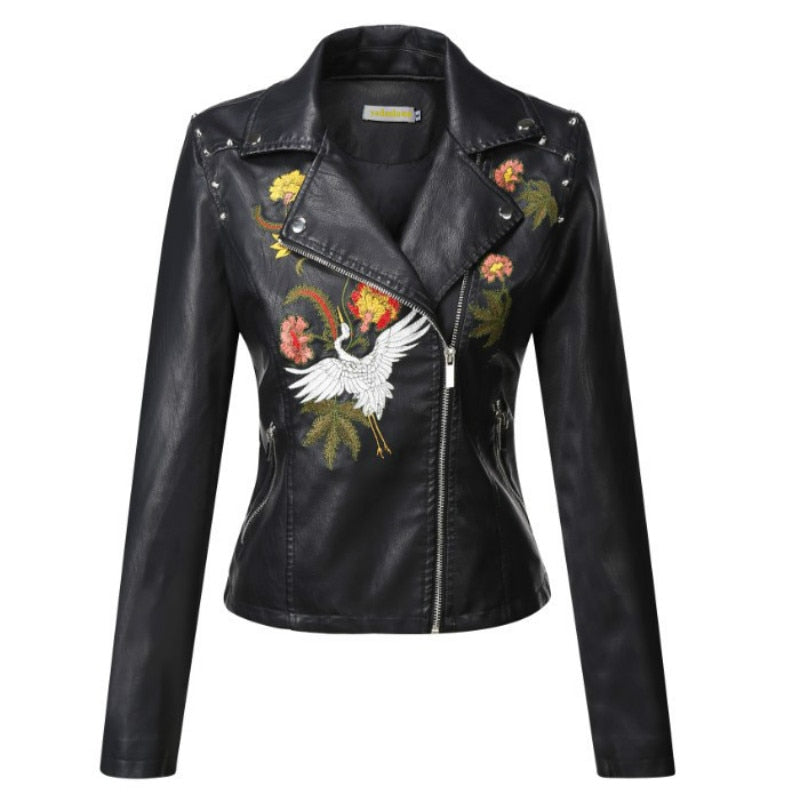 Embroidered Leather Jacket variant CJNSWTZP00060-Black-L|CJNSWTZP00060-Black-XXL|CJNSWTZP00060-Black-XS|CJNSWTZP00060-Black-XL|CJNSWTZP00060-Black-S|CJNSWTZP00060-Black-M