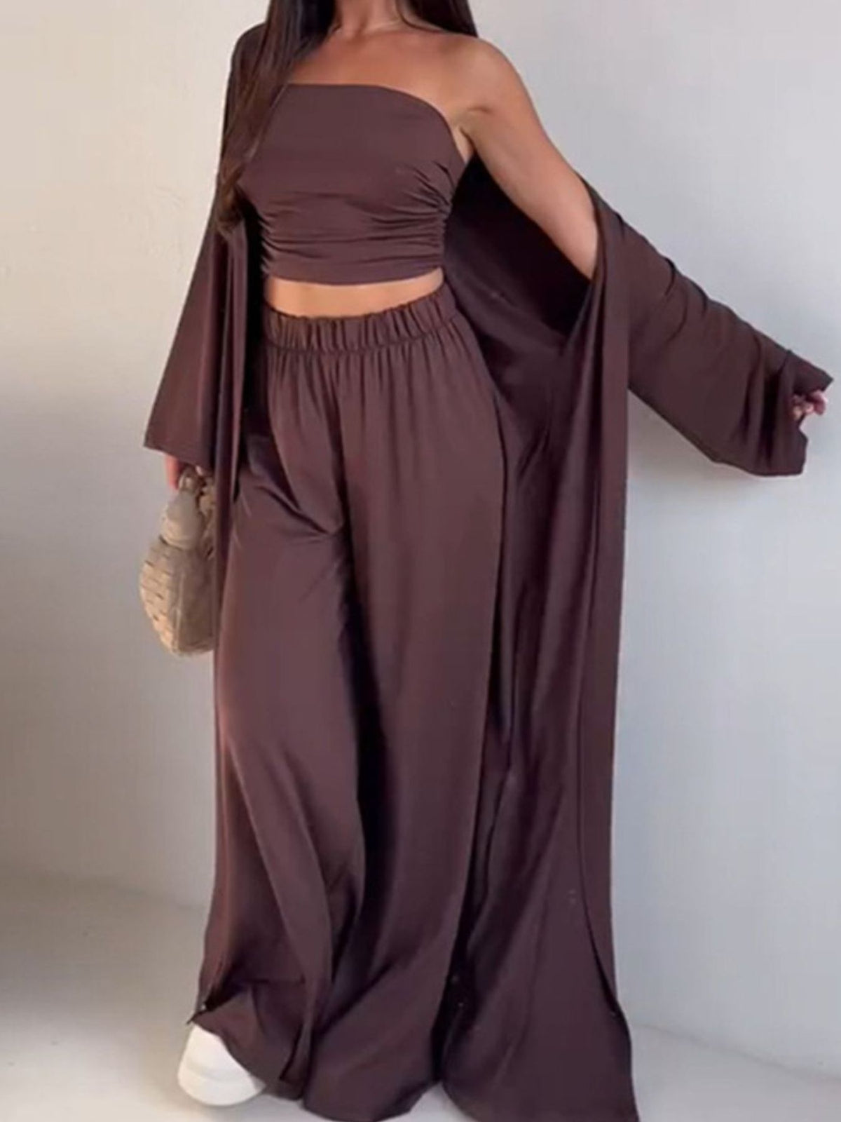 Tube Top Cardigan Pants Three Piece Set (9)