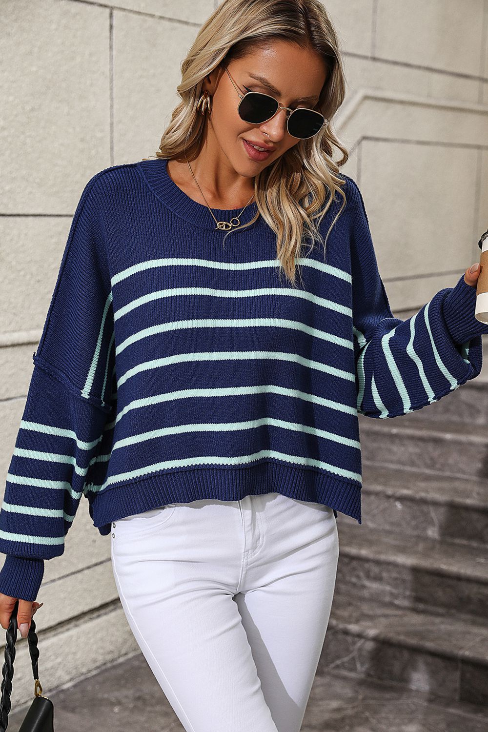 Striped Dropped Shoulder Round Neck Pullover Sweater (12)