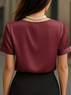V-neck Short Sleeve Satin Blouse (11)