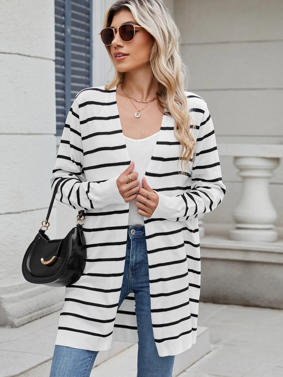 Striped Open Front Cardigan Relaxed Fit