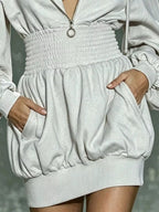 Hooded Long Sleeve Mini Dress Smocked Waist (8)