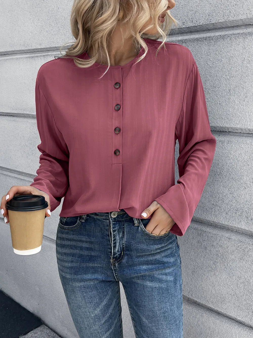 Half Button Long Sleeve Blouse (11)