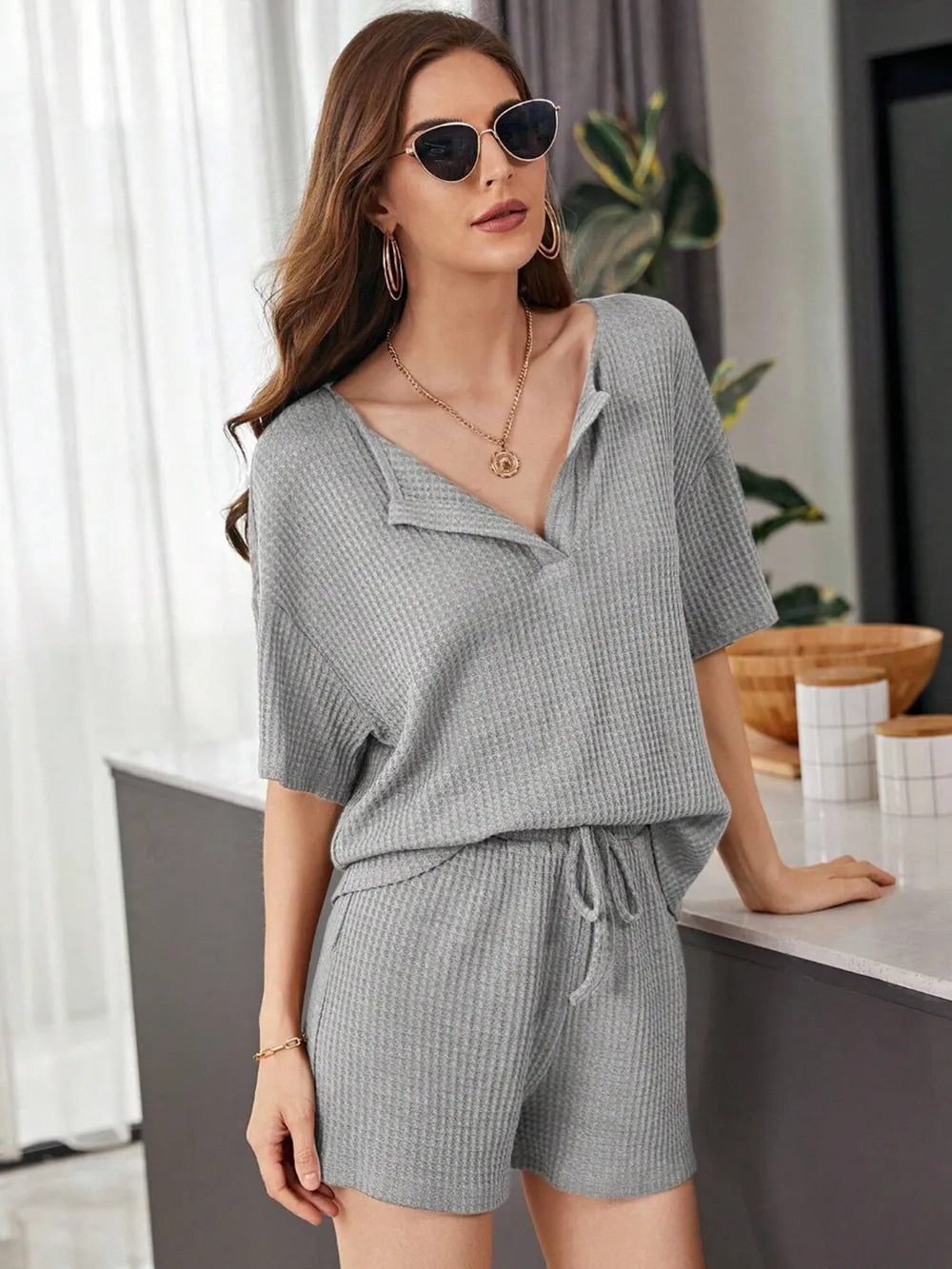 Full Size Waffle-knit Dropped Shoulder Top Shorts Set