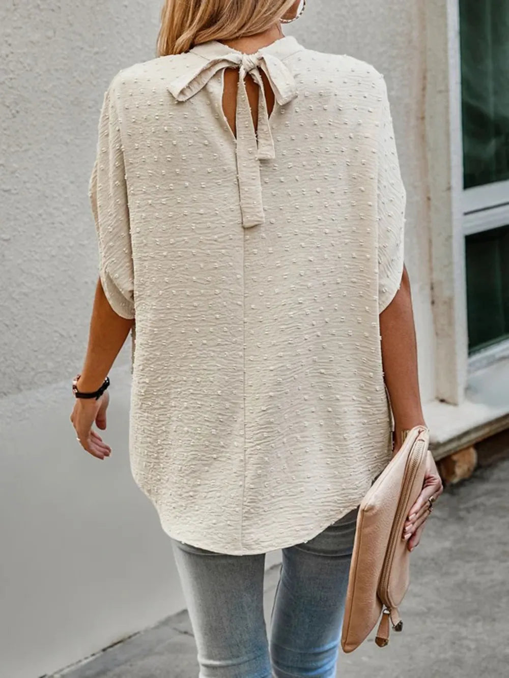 Swiss Dot Mock Neck Half Sleeve Blouse (2)