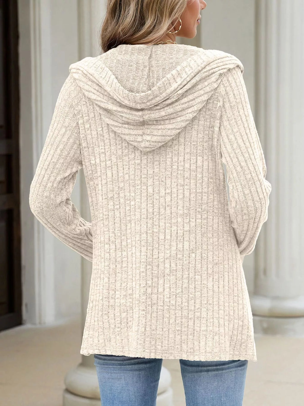 Ribbed Knit Hooded Button-down Cardigan (14)