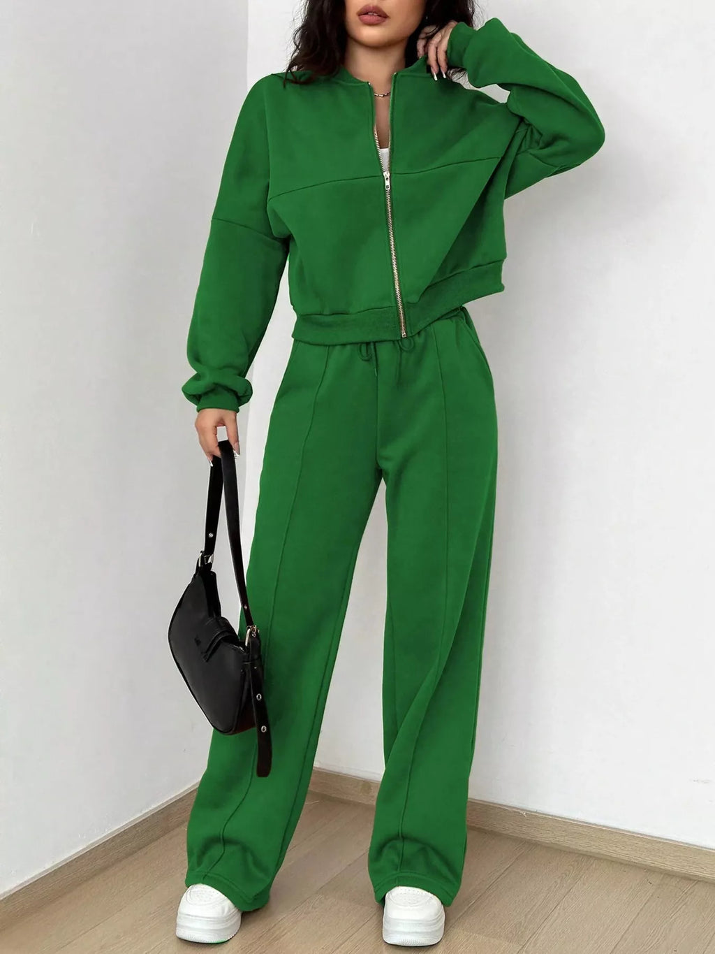 Casual Solid Color Zipper Jacket Wide Leg Pants Set (13)