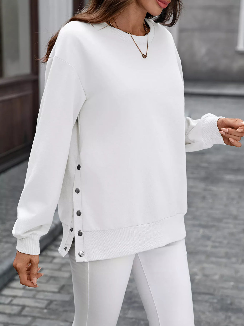 Side Snap Round Neck Sweatshirt (28)