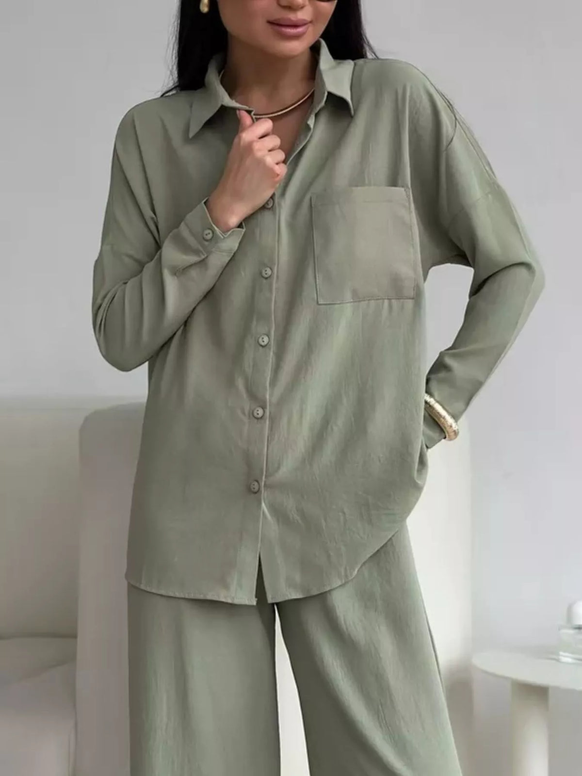 Button Up Long Sleeve Shirt Pants Set (8)