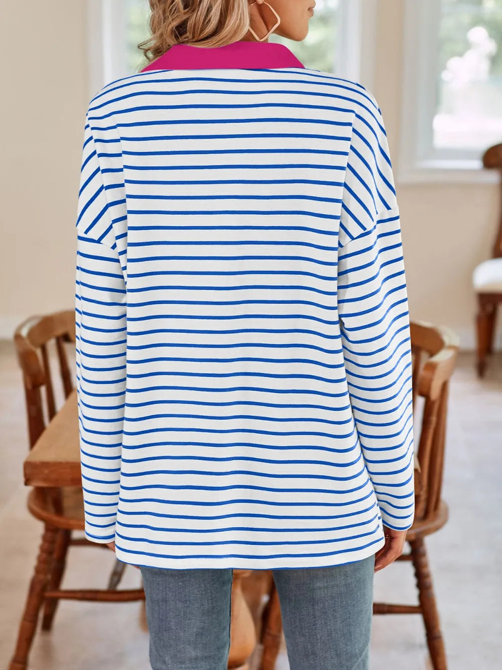 Striped Johnny Collar Long Sleeve T-shirt (3)