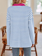 Striped Johnny Collar Long Sleeve T-shirt (3)