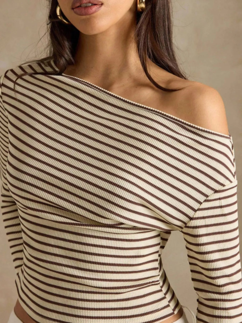 Off-shoulder Striped Ribbed Long Sleeve T-shirt (7)
